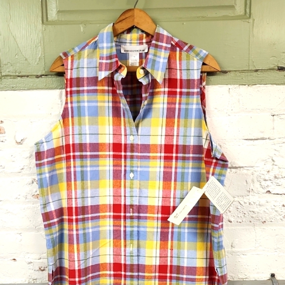 Jones New York Multicolor Plaid Sleeveless Shirt Linen And Cotton Size 16 NWT